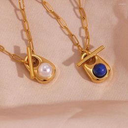 Hanger Kettingen Mode Inlay Parel Lapis Lazuli Waterdruppel Ketting Voor Vrouwen Rvs Aanslag Gratis Goud Kleur Jewerly