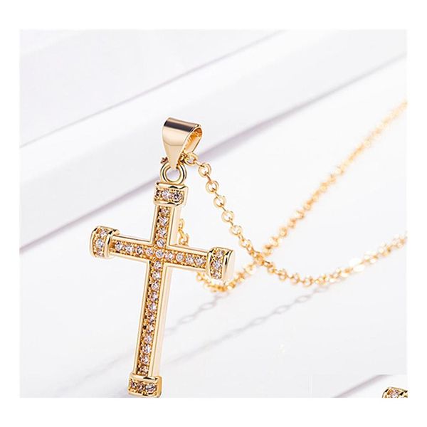 Pendentif Colliers Bijoux De Mode Plaqué Or 24K Diamant Jésus Croix Collier Femmes Hommes Cristal Ligne Drop Delivery Pendentifs Dhpyf