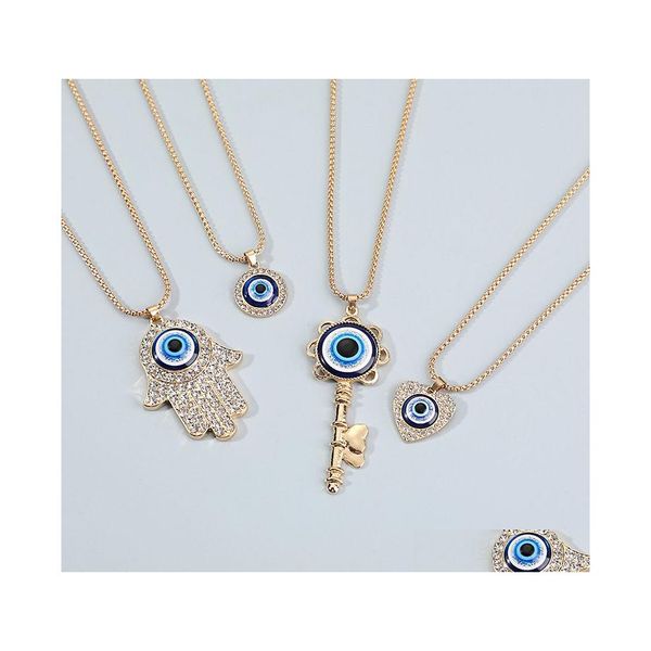 Pendentif Colliers Bijoux De Mode Géométrique Evil Eye Collier Fatima Coeur Clé Strass Blue Eyes Drop Delivery Pendentifs Dhgnx