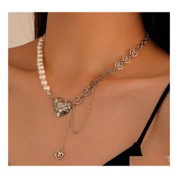 Pendentif Colliers Bijoux de mode Épissage en métal Faux Perles Amour Clavicule Chaîne Collier Irregar Creux Coeur Dangle Gland Ras Du Cou Dhk7Z