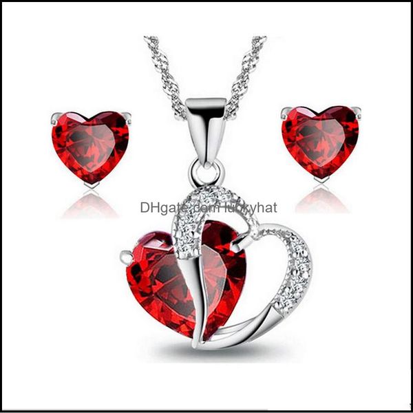 Collares pendientes Conjuntos de joyería de moda Sier Aaa Cubic Zircon Cz Red Heart Stud Pendientes Regalo Boda Conjunto Drop Delivery Colgantes Otzg7