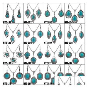 Pendentif Colliers Mode Bijoux Ensembles Femmes Turquoise Boucles d'oreilles Collier Sier Plaque Blanc Strass Fleur Éléphant Hibou Coeur Croix B Dhjbp