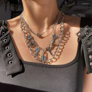 Pendentif colliers mode serrure à clé gothique collier pour femmes Punk Hip Hop multi-couche chaînes femme alliage broche bijoux cadeaux