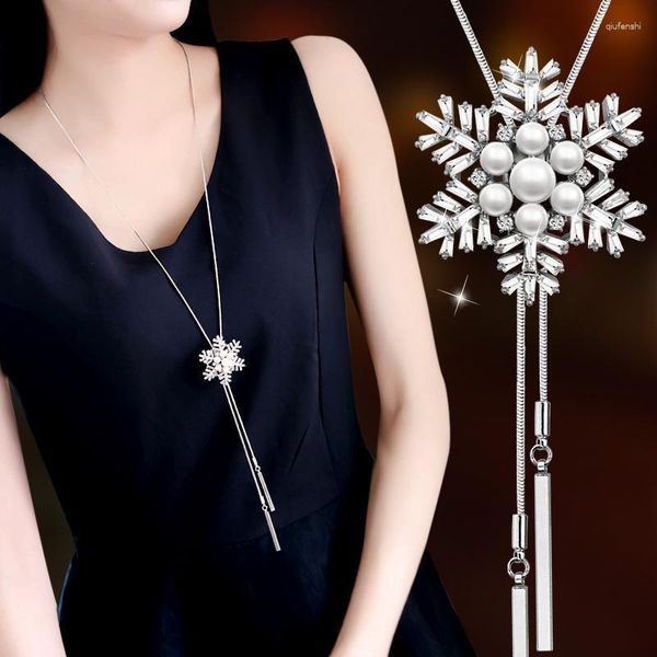 Collares colgantes de cadena larga para mujer, colgantes para suéter, perlas de diamantes de imitación, collar con copos de nieve, joyería femenina