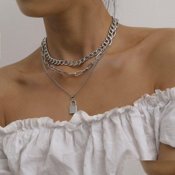 Collares pendientes Moda de lujo Mti Layer Link Chain Sparkling Diamond Sier Lock Vintage Gargantilla Declaración Collar de diseñador para mujeres Dhdga