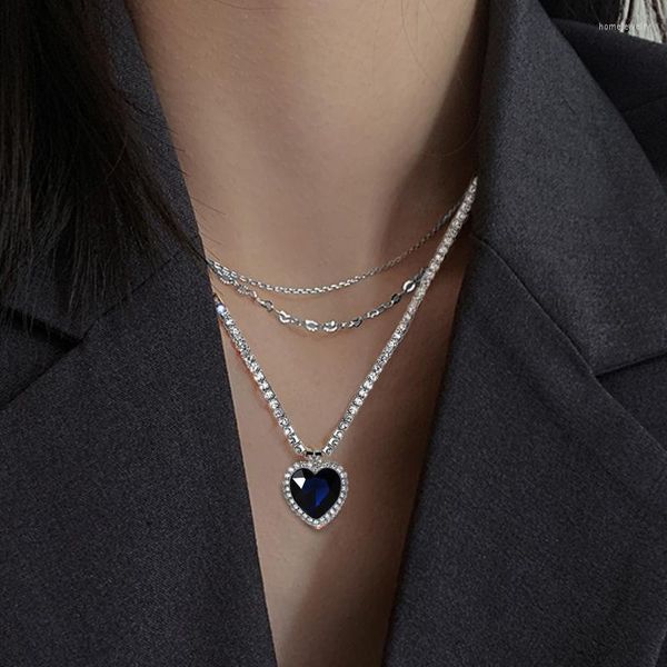 Pendentif Colliers Mode De Luxe De Mariage De Tennis Chaîne Collier Bijoux Pour Femmes Bleu Coeur Cristal