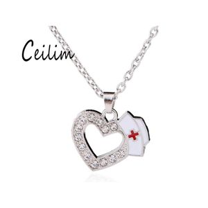 Collares pendientes Moda Joyería médica Enfermera Cap Encantos Cristal Amor Corazón Esmalte blanco Cruz roja Signo Medicina Escuela Estudiantes D Otxzd