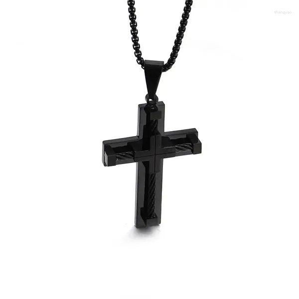 Collares colgantes Moda Hombres Punk Masculino Cruz Jesús Negro Titanio Acero Cable Cable Cuerda Collar Joyería