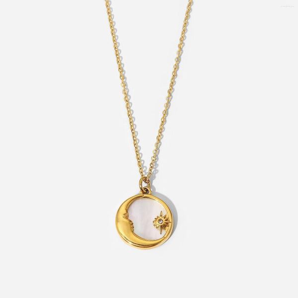 Pendentif Colliers Mode Minimaliste Plaqué Or En Acier Inoxydable Femmes Bijoux De Luxe Naturel Épais Blanc Coquille Étoile Lune Collier Rond