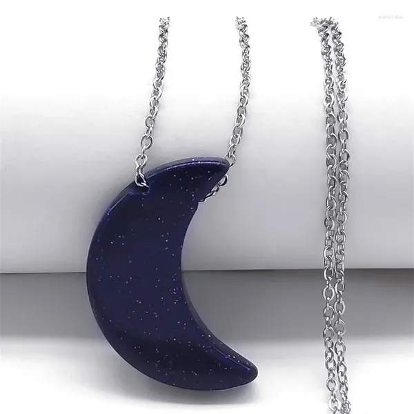 Collares colgantes Moda Forma de luna Collar de piedra de arena azul Cadena de acero inoxidable para mujeres Joyería de media luna Regalo Bijoux Femme