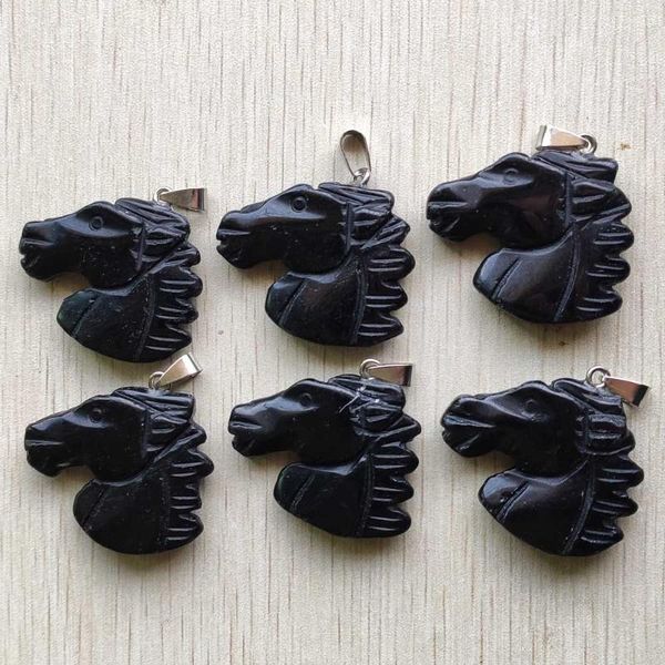 Colliers de pendentif Fashion Natural Balck Onyx têtes de cheval sculpté Charms Pendants pour bijoux faisant 6 pcs / lot en gros