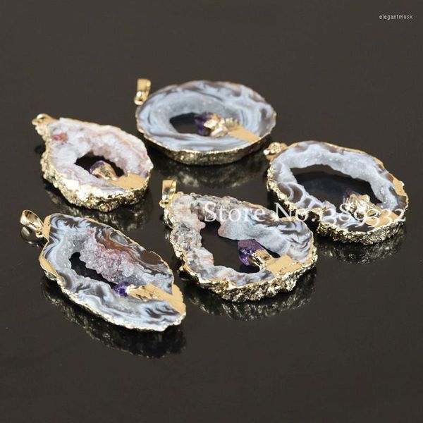 Pendentif Colliers Mode Naturel Geode Quartz Léopard Druzy Nature Tranche Pierre En Cristal Moyen