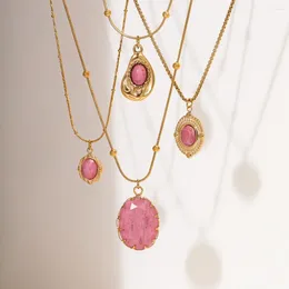 Colliers pendentifs Fashion Natural Rhodochrosite Stone en acier inoxydable 18 carats Gold Plaque à collier imperméable Bijoux pour les femmes