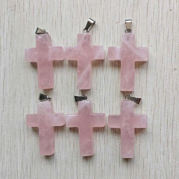 Pendentif Colliers Mode Naturel Rose Quartz Pierre Rose Croix Forme Pendentifs Pour Bijoux Accessoires Faisant En Gros 6 pcs/lot