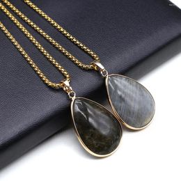 Colliers pendants mode Natural Semi Precious Précious Flash Flash Labradorite Droplet Forme Collier en acier inoxydable Femmes Charme les hommes Bijoux