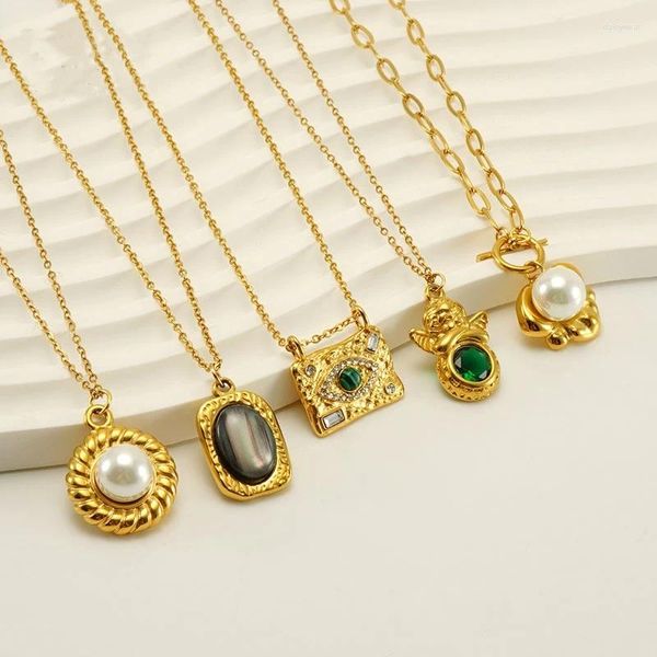 Collares colgantes Moda Piedra natural Perla Collar de acero inoxidable Gargantilla para mujeres Zircon Joyería de fiesta diaria Regalo de cumpleaños