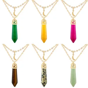 Hanger Kettingen Mode Natuursteen Quartz Crystal Chakra Ketting Sieraden Voor Vrouwen Maan Kleurrijke Hexagon Post Trui Keten