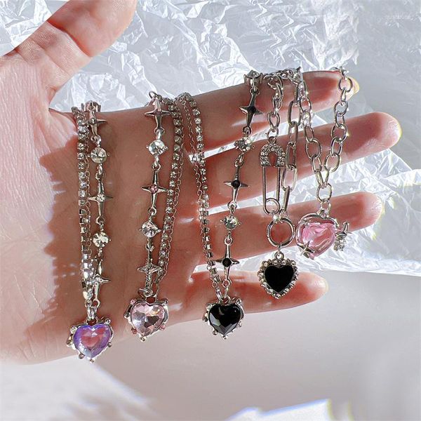 Collares colgantes Moda Melocotón Corazón Gota de agua Cristal rosa Dulce Cool Egirl Cadena de clavícula Joyería estética Accesorios Y2K