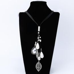 Hanger kettingen mode parel ketting voor vrouwen charme waterdruppel kristal holle bladeren lederen lange keten juwelen