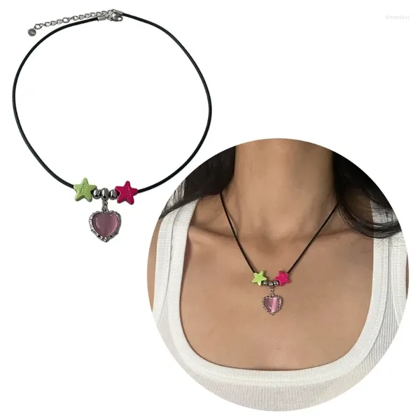 Collares colgantes Moda Pink Heart Star Collar Joyería para mujeres Cuerda negra Cadena de clavícula Gargantilla colorida