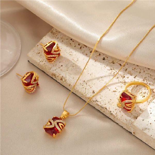 Pendentif Colliers Mode plaqué pur 24 carats bijoux en or trois pièces ensemble collier boucles d'oreilles bague permanente rouge 18 carats couleur pour femmes 231011