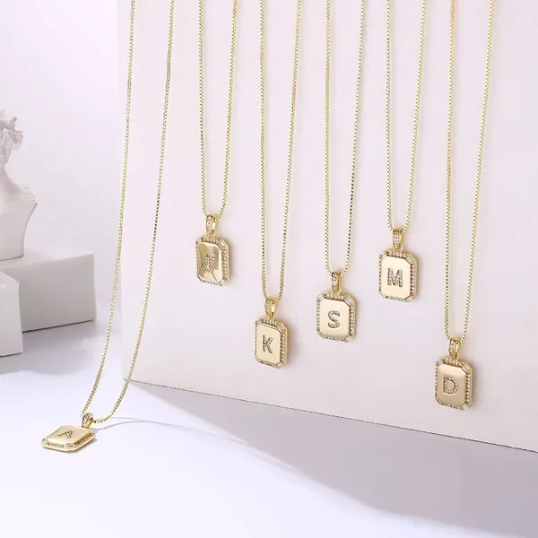 Pendentif Colliers Mode Rectangle Incrusté Zircone Lettre Initiale 26 Alphabet Plaqué Or Clavicule Chaîne Collier Pour Femmes Bijoux Cadeaux