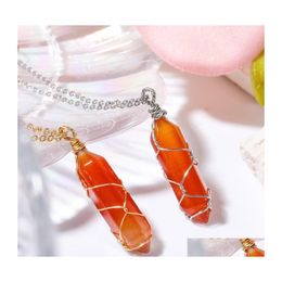 Pendentif Colliers Mode Rouge Agate Pierre Hexagonal Prisme Or Fil Wrap Collier Pour Femmes Bijoux En Gros Drop Livraison Pendentifs Dhjzb