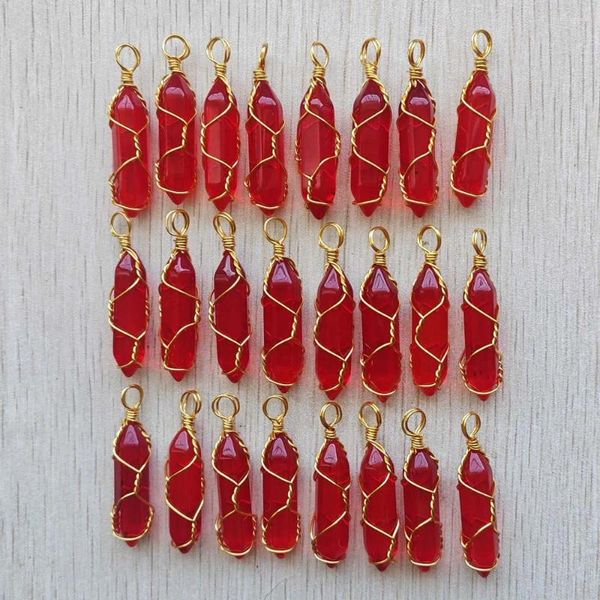 Collares colgantes de cristal rojo hechos a mano, colgantes de pilar de alambre de cobre para fabricación de joyas, accesorios, venta al por mayor, 24 unids/lote