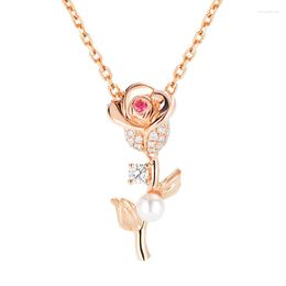 Colares com pingente Moda Rosa Vermelha Gem Pérola Colar Feminino Avançado Jantar Jóias Clavícula Cadeia Namorada Aniversário Presente de feriado