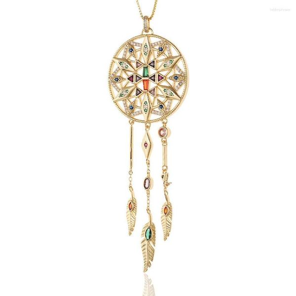 Pendentif Colliers De Mode Rond Creux Étoiles Dream Catcher Plume Collier De Luxe Pave Zircon Plaqué Or Ras Du Cou Femmes Bijoux