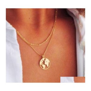 Pendentif Colliers Mode ronde carte du monde pendentif collier pour femmes bohème perle chaîne tour de cou Mtilayer Bijoux Collares Mujer Colli Dhbdh
