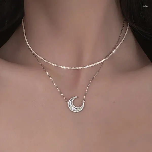 Pendentif Colliers Mode Argent Couleur Sparkling Clavicule Chaîne Collier Collier Collier Pour Femmes Brillant Zircon Lune ECG Bijoux De Fête