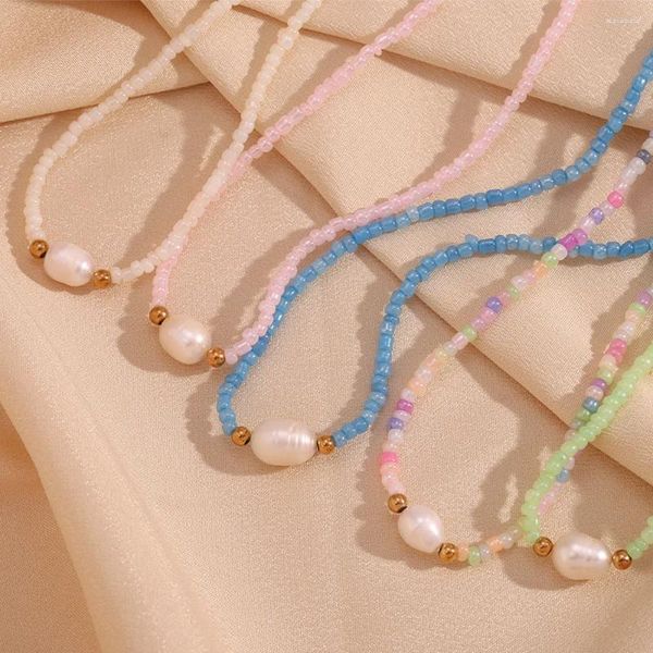 Colliers de pendentif Fashion simple Eau Perle d'eau douce Perles de riz coloré Collier en acier inoxydable bijoux bijoux