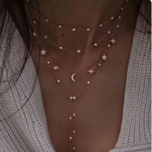 Hanger kettingen mode eenvoudige volledige diamant maan pentagram multi-layer metal dames ketting sieraden set cadeaubonistant