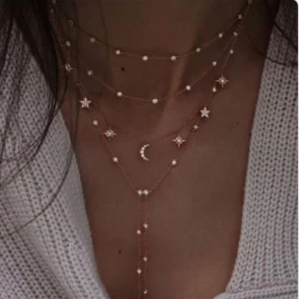 Pendentif Colliers Mode Simple Pleine Diamant Lune Pentagramme Multicouche En Métal Femmes Collier Ensemble de Bijoux GiftPendant