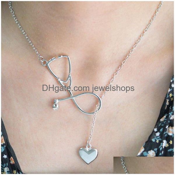 Collares colgantes Moda Simple Corazón Estetoscopio Para Mujeres Doctor Enfermera Médica Oro Sier Cadena Joyería Regalo Gota Entrega Colgantes Dhl3S