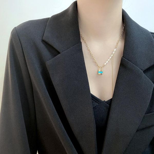 Pendentif Colliers Mode Acier inoxydable Serrure personnalisée Collier de perles Chaîne de superposition pour femmes 43cm 6mm Argent / GoldPendant