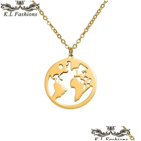 Collier en acier inoxydable de mode pendentif carte du monde chaînes colliers de déclaration Sier or Rose Globe voyage Dhgarden Dhc9D