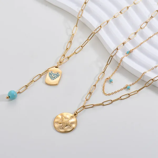 Pendentif Colliers Mode en acier inoxydable 18 carats plaqué or pièce étoile collier pour femmes fille amour perles bleues chaîne femme bijoux cadeau