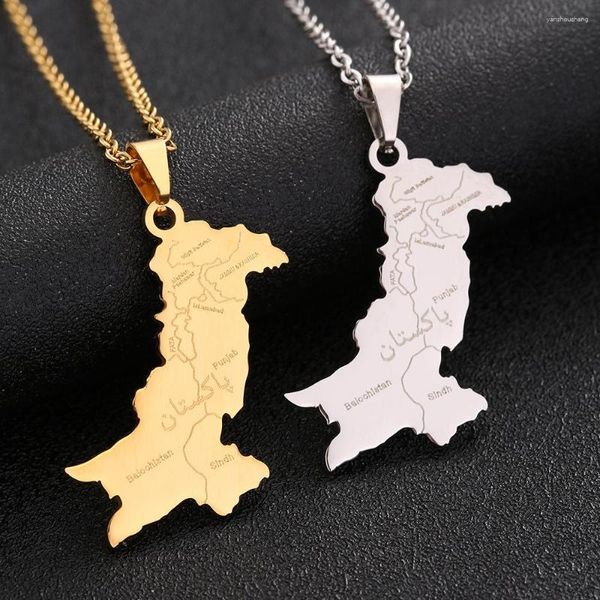 Collares pendientes Moda Acero inoxidable Mapa de Pakistán con Urdu Collar para hombres y mujeres Cadena de suéter de color oro plateado