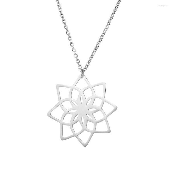 Pendentif Colliers Mode En Acier Inoxydable Géométrique Évider Fleur Motif Lotus Yoga Femmes Clavicule Collier