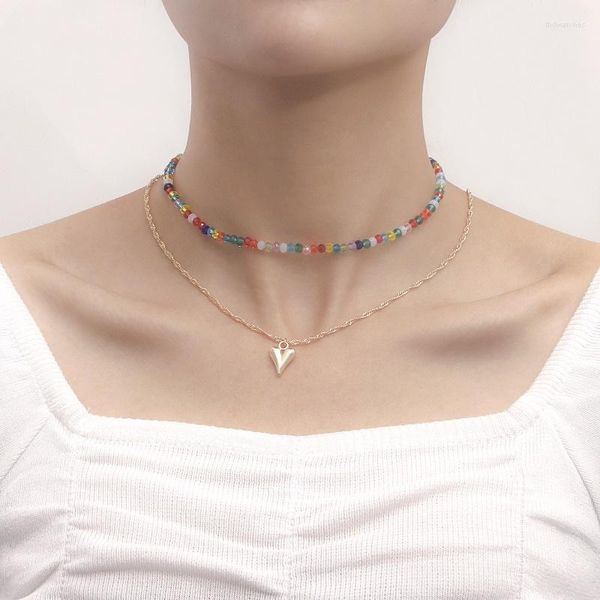 Pendentif Colliers Mode Été Double Couleur Riz Perles Alliage Coeur Clavicule Collier Pour Femmes Bijoux