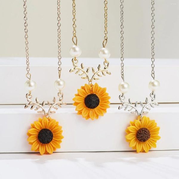 Collares colgantes Moda Collar de girasol para mujeres Linda flor Doble Perla Encanto Cóctel Accesorios de joyería