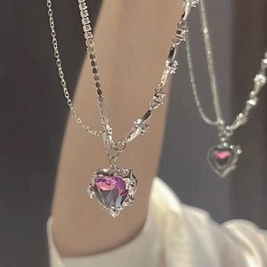 Hanger kettingen mode zoete koel paarse kristallen hart ketting voor vrouwen meisje zilveren kleur sleutelbeen ketting y2k esthetische sieraden z0417