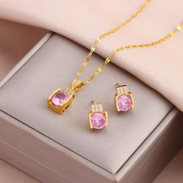 Collares colgantes Fashion Sweet Square Pink Rink Circon Crystal Pendientes para mujeres Conjunto de joyas de acero inoxidable para mujeres