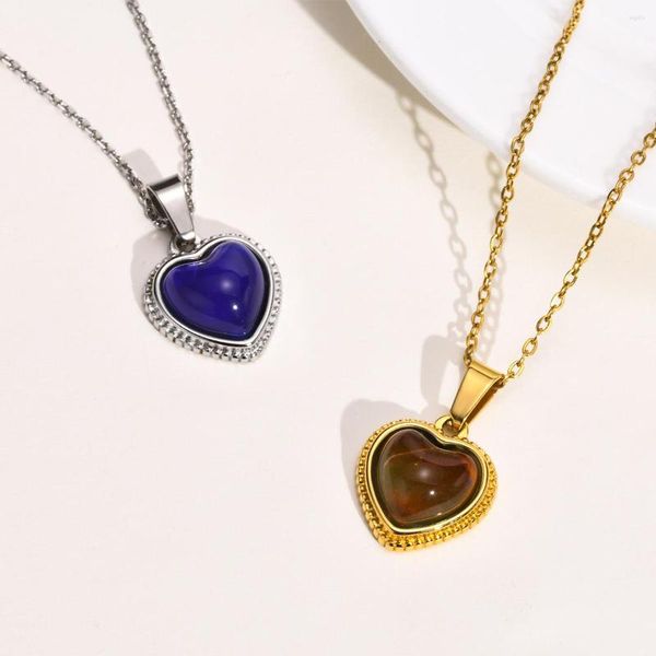 Collares con colgante, Collar de piedra de Color con cambio de temperatura a la moda para mujer, Collar de corazón de acero inoxidable, regalo para mamá, joyería para niñas