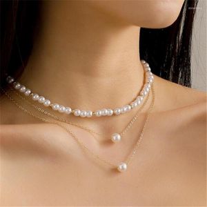 Pendentif Colliers Mode Trois Couches Or Couleur Chaîne Collier De Perles De Mariage Romantique Clavicule De Luxe Bijoux