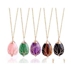 Hanger kettingen Fashion Tree of Life ketting Natuursteen goud kleur draad wrap edelsteen roze kwarts tijger ooggroen drop levering jood otuye