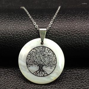 Pendentif Colliers Mode Arbre De Vie Coquille En Acier Inoxydable Chaîne Collier Pour Femmes Couleur Argent Bijoux Collana Donna N1885S07