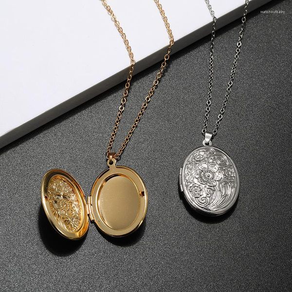 Collares colgantes Moda Caja vintage Magic Po Memoria Flotante Locket Collar Oval Flor Relieve